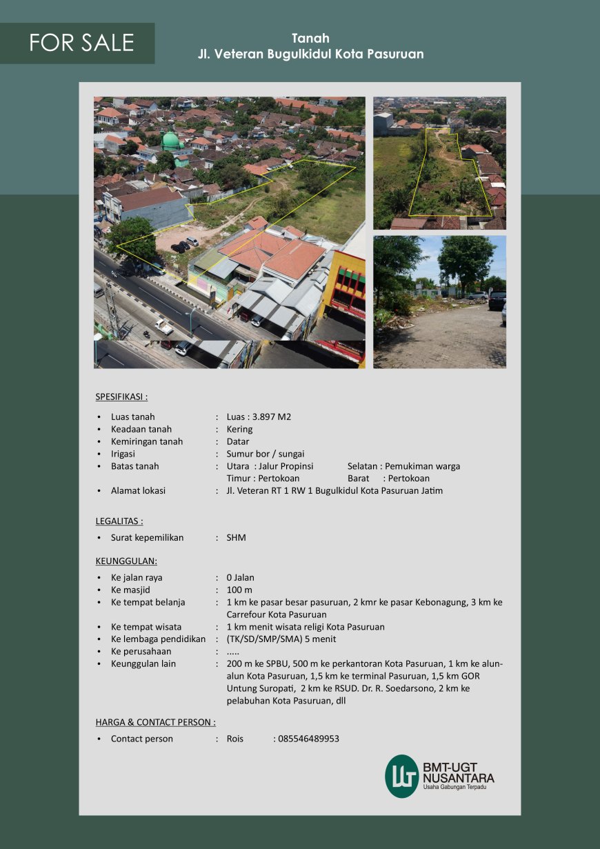DIJUAL TANAH STRATEGIS JL. VETERAN BUGUL KIDUL PASURUAN