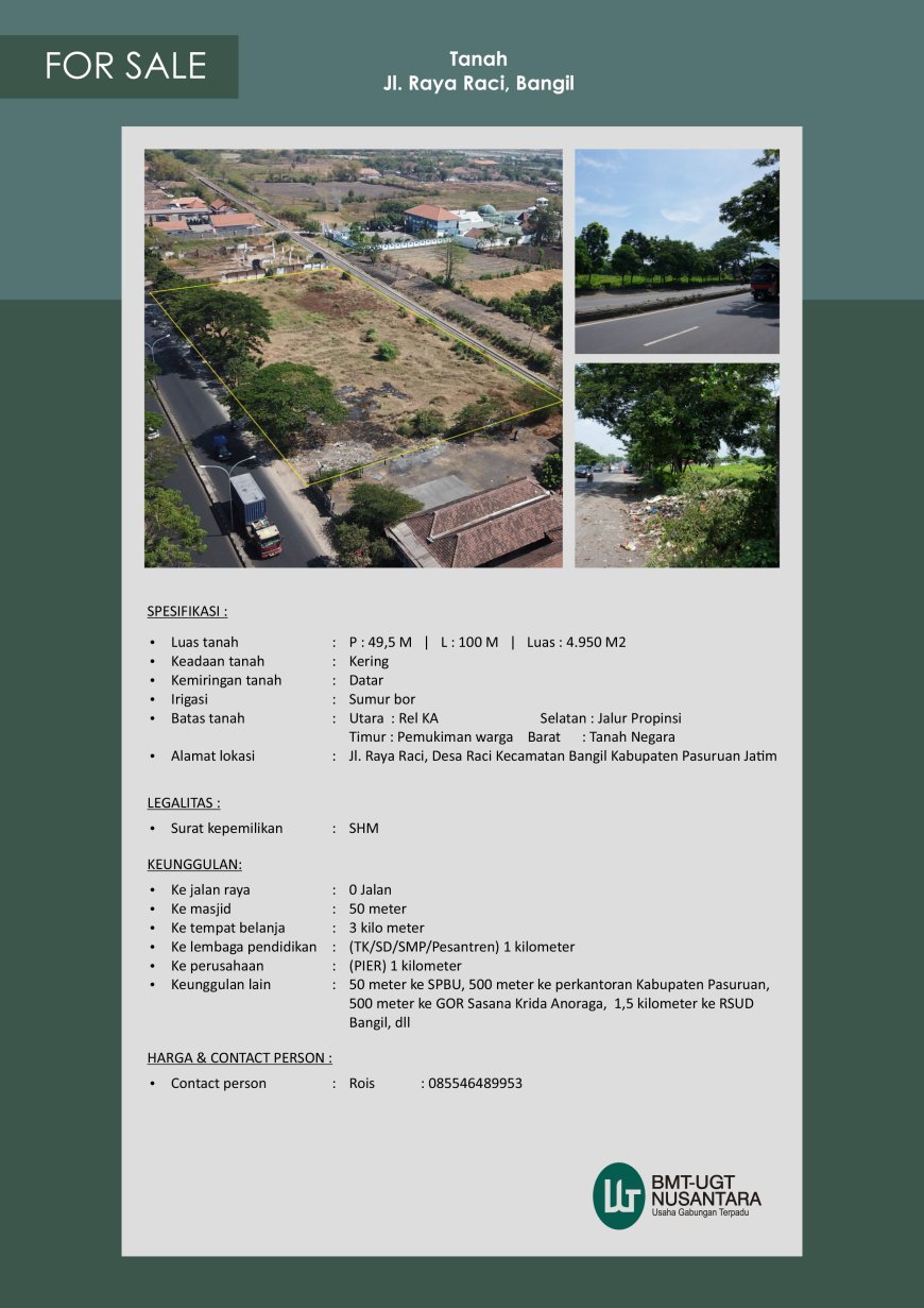 DIJUAL TANAH STRATEGIS DI RACI PASURUAN